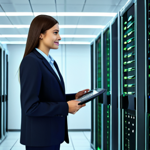 A professional male and female figure, standing in a sophisticated data center. One figure is visually associated with elements of slow, congested data flow, subtly indicated by tangled red lines and a blurred background, while the other figure stands alongside vibrant, streamlined blue and green data flow, symbolizing efficient connections. The background features modern, glowing server racks. Both figures are fully clothed in modest business attire, appropriate attire. Professional photography, high quality, perfect anatomy, correct proportions, well-formed hands, proper finger count, natural body proportions, natural pose. Safe for work, appropriate content, family-friendly.