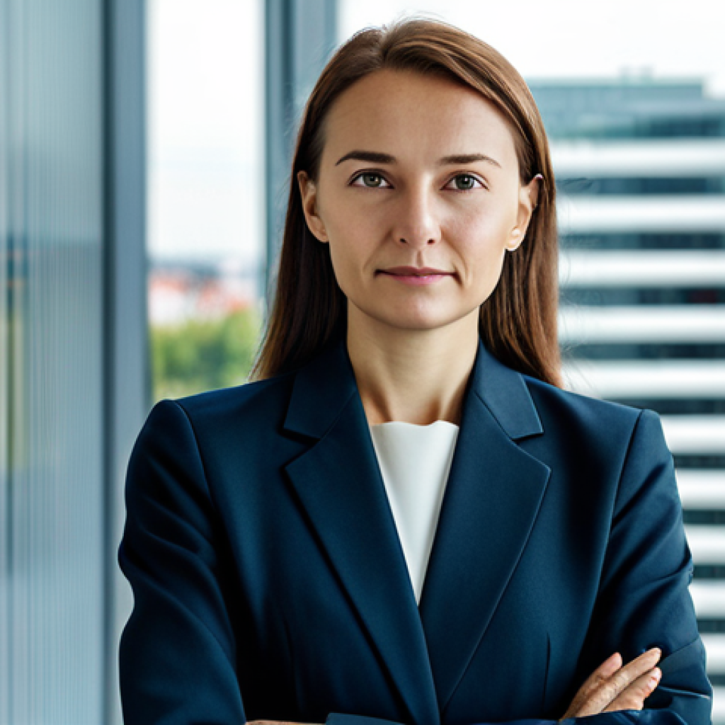 A confident professional Polish businesswoman, mid-career, with a calm, thoughtful expression. She is dressed in a modest, dark tailored business suit, with appropriate attire. She stands in a sleek, modern office lobby, with a blurred cityscape of Warsaw visible through large windows in the background. Subtle, abstract digital security patterns, like circuit board lines or flowing data streams, are overlaid on a glass partition in the foreground. The scene is well-lit with natural lighting. Perfect anatomy, correct proportions, natural pose, well-formed hands, proper finger count. High-resolution, professional photography, safe for work, appropriate content, fully clothed, professional, family-friendly.