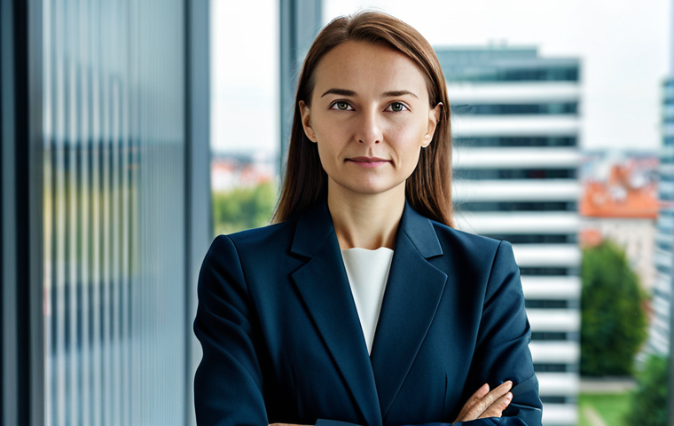 A confident professional Polish businesswoman, mid-career, with a calm, thoughtful expression. She is dressed in a modest, dark tailored business suit, with appropriate attire. She stands in a sleek, modern office lobby, with a blurred cityscape of Warsaw visible through large windows in the background. Subtle, abstract digital security patterns, like circuit board lines or flowing data streams, are overlaid on a glass partition in the foreground. The scene is well-lit with natural lighting. Perfect anatomy, correct proportions, natural pose, well-formed hands, proper finger count. High-resolution, professional photography, safe for work, appropriate content, fully clothed, professional, family-friendly.