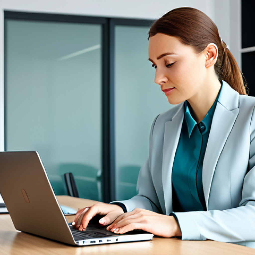 **

A professional woman in a modest business suit, working on a laptop in a modern, bright office in Warsaw, Poland. Fully clothed, appropriate attire, safe for work, perfect anatomy, natural proportions, professional photography, high quality. Focus on a secure workspace with encrypted data visible on the laptop screen. family-friendly.

**