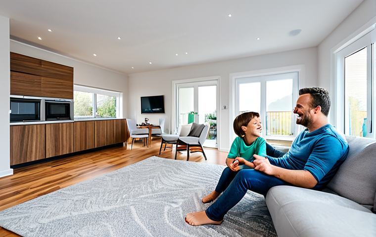 Secure Smart Home Concept**

"A modern, bright living room with various smart home devices (thermostat, lights, security camera) subtly visible, a family is interacting happily. The scene conveys a sense of safety and convenience. Soft, diffused lighting. Appropriate content, safe for work, fully clothed family, professional photography, high quality, perfect anatomy, correct proportions, natural pose, family-friendly."

**