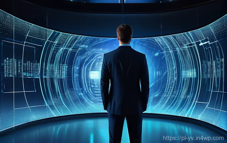 암호화 프로토콜과 블록체인 기술의 통합 - **Digital Fortress of Privacy:** A young professional, dressed in smart-casual business attire, stan...