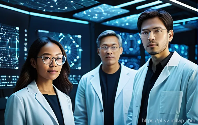 암호화 프로토콜을 위한 최신 연구 및 개발 - **Prompt:** A diverse group of male and female scientists, dressed in modern lab coats, are intensel...