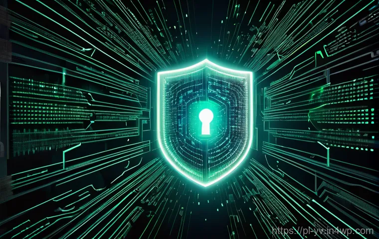 암호화 프로토콜의 적용 범위 및 한계 - A hyper-realistic digital artwork depicting an "Invisible Shield of Encryption" protecting a secure ...