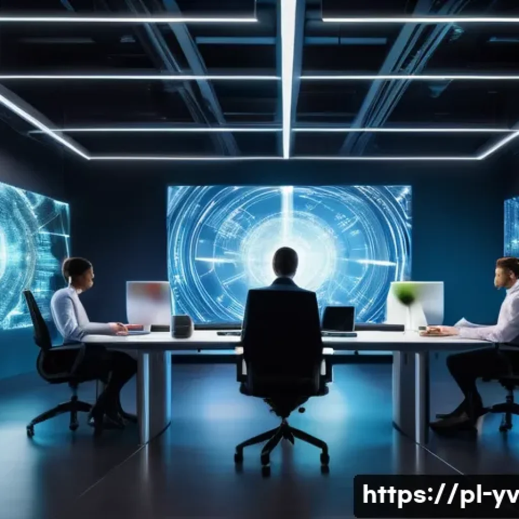 암호화 프로토콜의 국제적 변화 및 영향 분석 - A modern business office environment with diverse professionals collaborating on cybersecurity, feat...