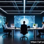 암호화 프로토콜의 국제적 변화 및 영향 분석 - A modern business office environment with diverse professionals collaborating on cybersecurity, feat...