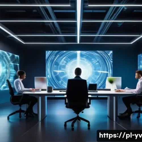 암호화 프로토콜의 국제적 변화 및 영향 분석 - A modern business office environment with diverse professionals collaborating on cybersecurity, feat...