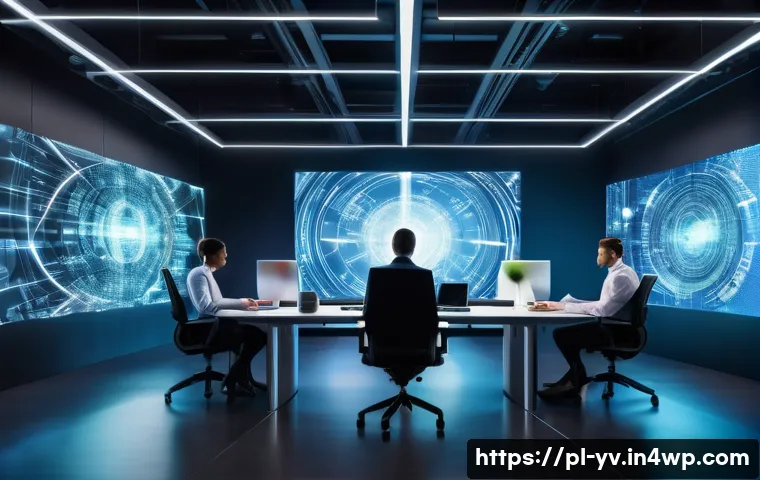 암호화 프로토콜의 국제적 변화 및 영향 분석 - A modern business office environment with diverse professionals collaborating on cybersecurity, feat...