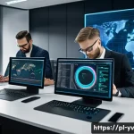 사례 연구  암호화 프로토콜과 금융 서비스의 발전 - A modern Polish bank office interior showing a diverse group of professionals working on laptops and...