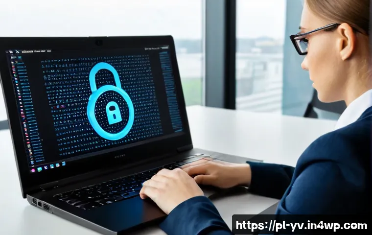 Home 17 데이터 전송 시 암호화 프로토콜 적용 방법 - Photorealistic modern office in Warsaw, Poland, a cybersecurity specialist configuring secure data t...